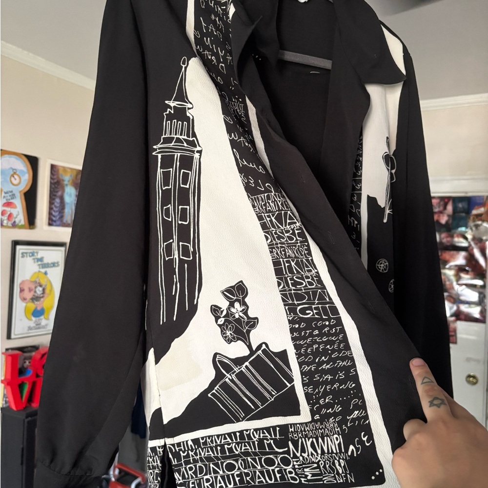 Black and White Graphic Button-Up Shirt